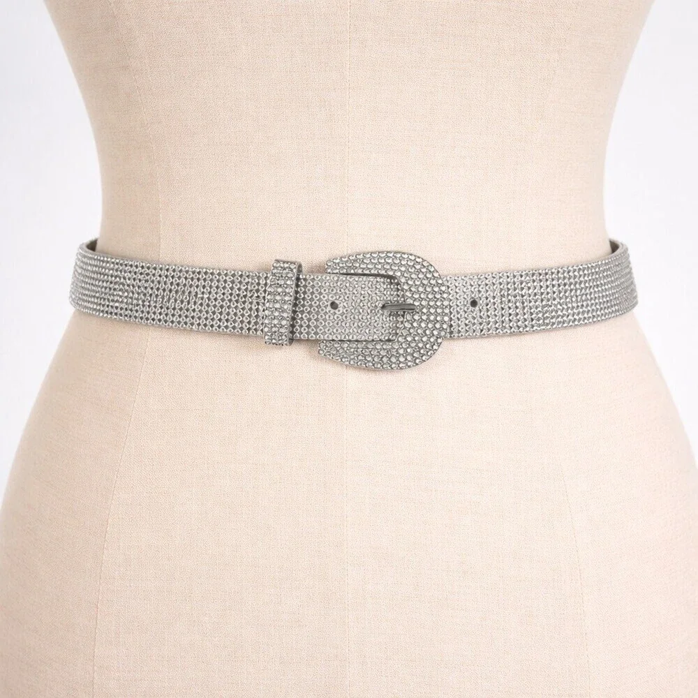 Vintage Y2K Rhinestone Belt Silver Crystal Western Bling Glam M/L Faux Suede
